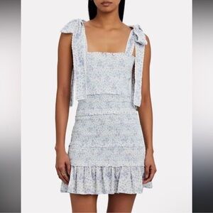 LoveShackFancy Light Blue Floral Tie-Shoulder Smocked Mini Dress